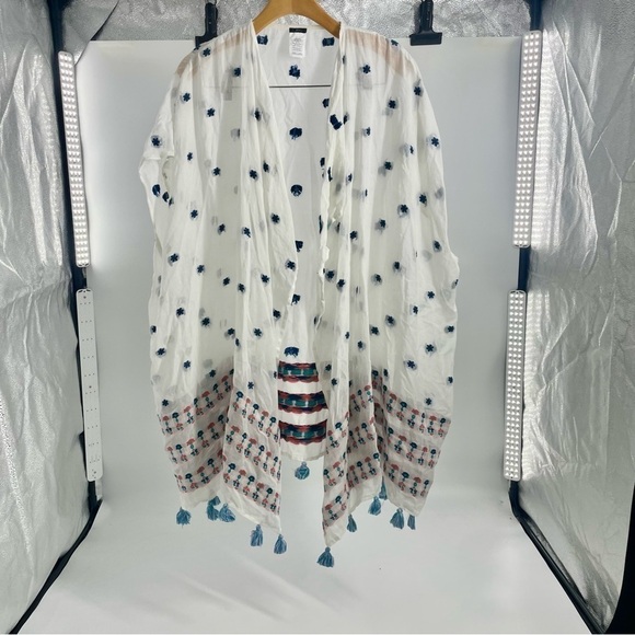 J. Crew Embroidered Beach Poncho Coastal Boho Open Front Kimono White Cover Up - Picture 4 of 10